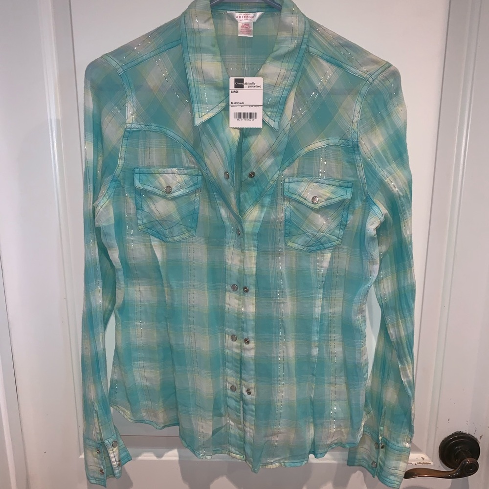 Blue button down with silver metallic accents